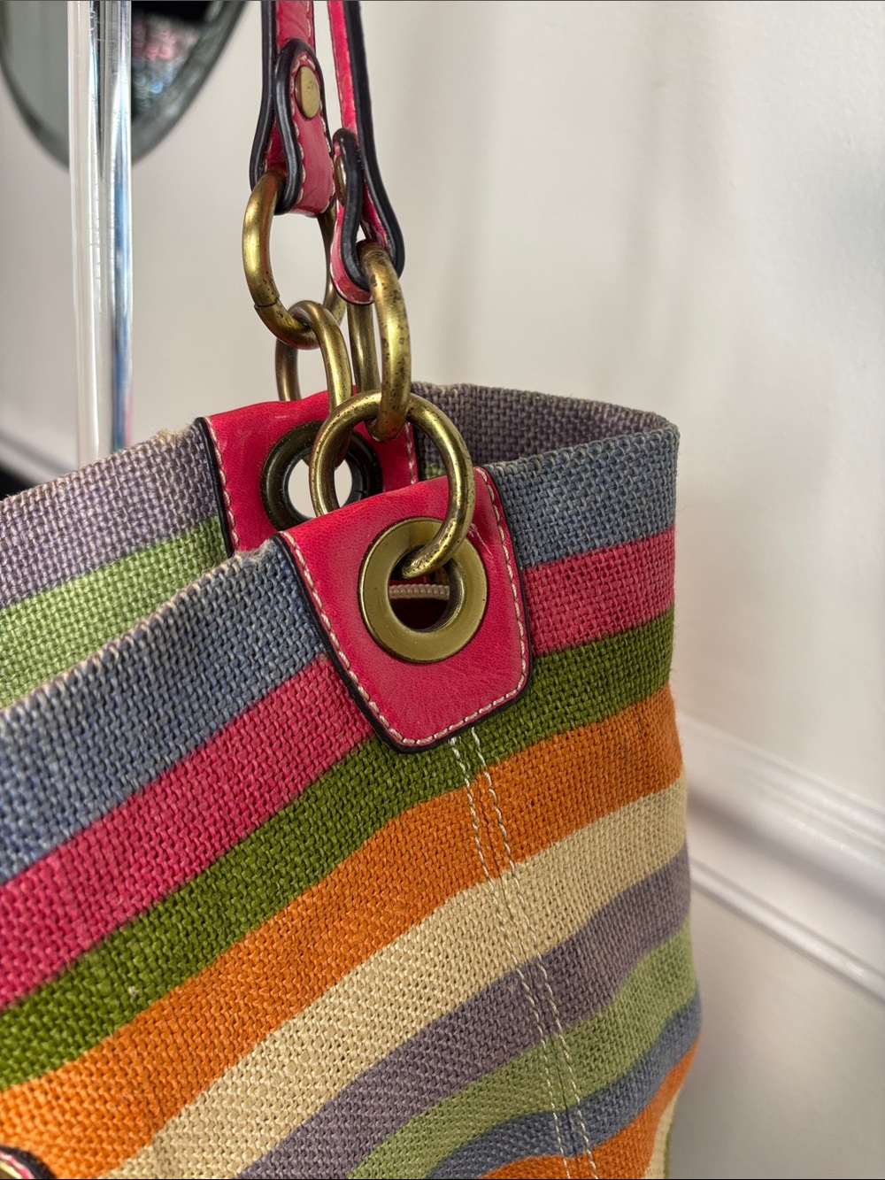Coach HTF Legacy Striped Multicolor Woven Tote Bag with Pink Patent Leather Trim - Picture 12 of 16